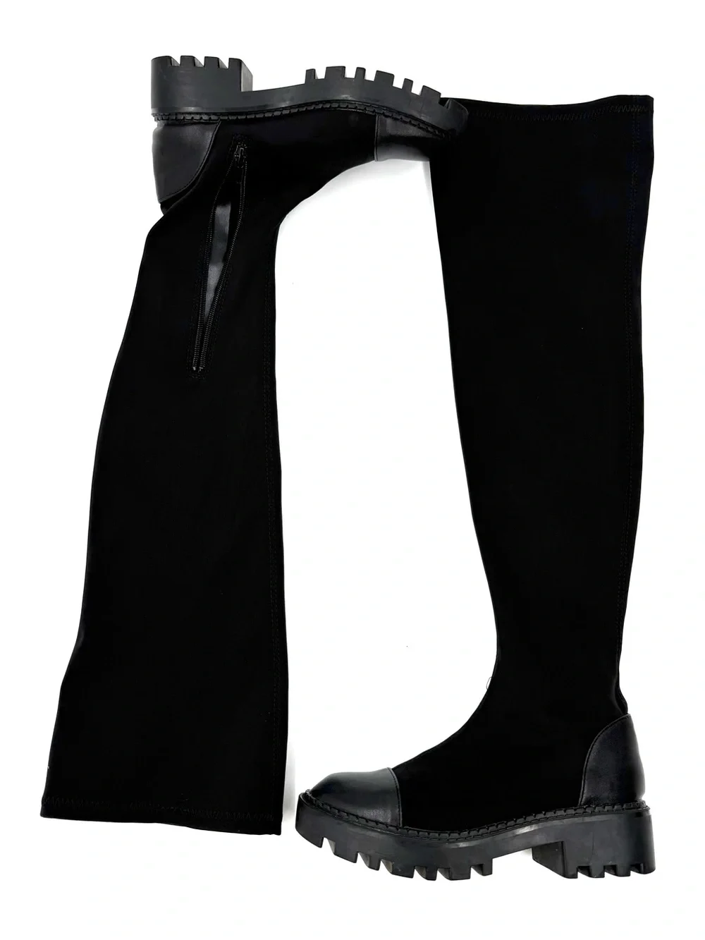 Ovar The Knee Stretchy Boots Slim Fit Combat Boots Round Toe Lycra High Boots